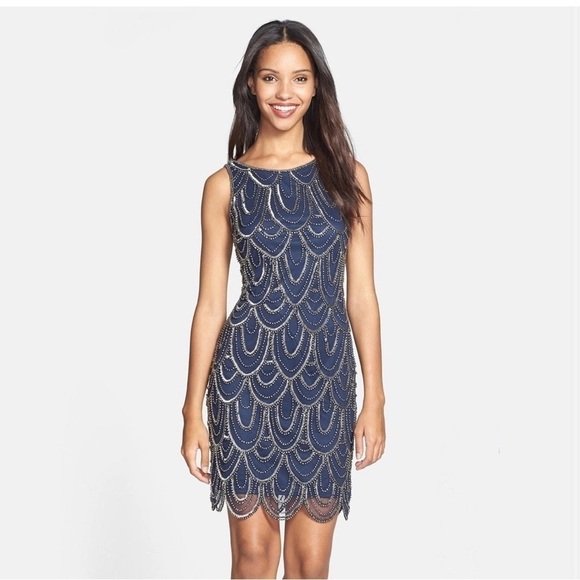 Pisarro Nights deco inspired, beaded by hand dress. NWT. Navy blue